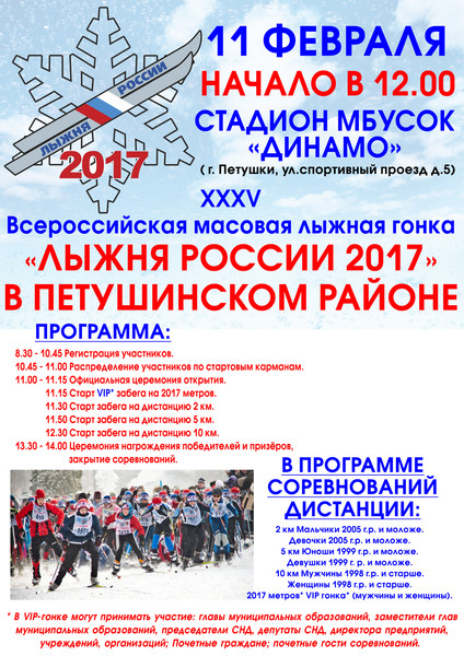 #МБУ_ВКДЦ #ЛыжняРоссии2017 #СтартуетВсяРоссия 

ТРЕБОВАНИЯ К УЧАСТНИКАМ И УСЛОВИЯ ИХ ДОПУСКА 
К участию в Соревнованиях допускаются граждане Российской Федерации и 
иностранных государств. Участники Соревнования до 17 лет включительно 
допускаются только при наличии допуска врача, участники от 18 лет и старше - при наличии допуска врача или личной подписи, подтверждающей персональную ответственность за свое здоровье. 

Комиссия по допуску участников работает по адресу: 
-г.Петушки, Советская площадь, д.5, каб.19 (администрация Петушинского 
района) тел.2-13-29 Мизяева Татьяна Владимировна. 
-г.Петушки, ул.Спортивный проезд, д.5 (стадион «Динамо») тел.2-25-57 
Комиссарова Наталья Владимировна, Грипась Мария Александровна. 
Время работы комиссии по допуску участников: с 01.02.17 по 10.02.17 с 
09.00 до 17.00 и 11.02.17 с 8.30 до 10.45. 

Каждый участник соревнования должен предоставить в комиссию по 
допуску участников паспорт или документ его заменяющий. 
Комиссия по допуску участников контролирует правильность заполнения 
заявки и подлинность документов регистрирующихся участников.